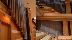 Concert hall with acoustic curtains behind the rows of seats