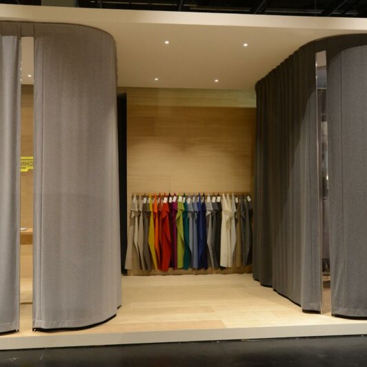 Gerriets trade fair stand with acoustic curtain and colour sample, ORGATEC 2018 in Cologne