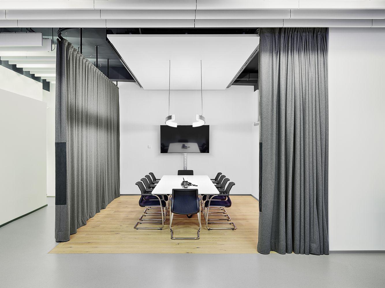 Variable room acoustics for meeting rooms and think tanks by means of soundproof curtains