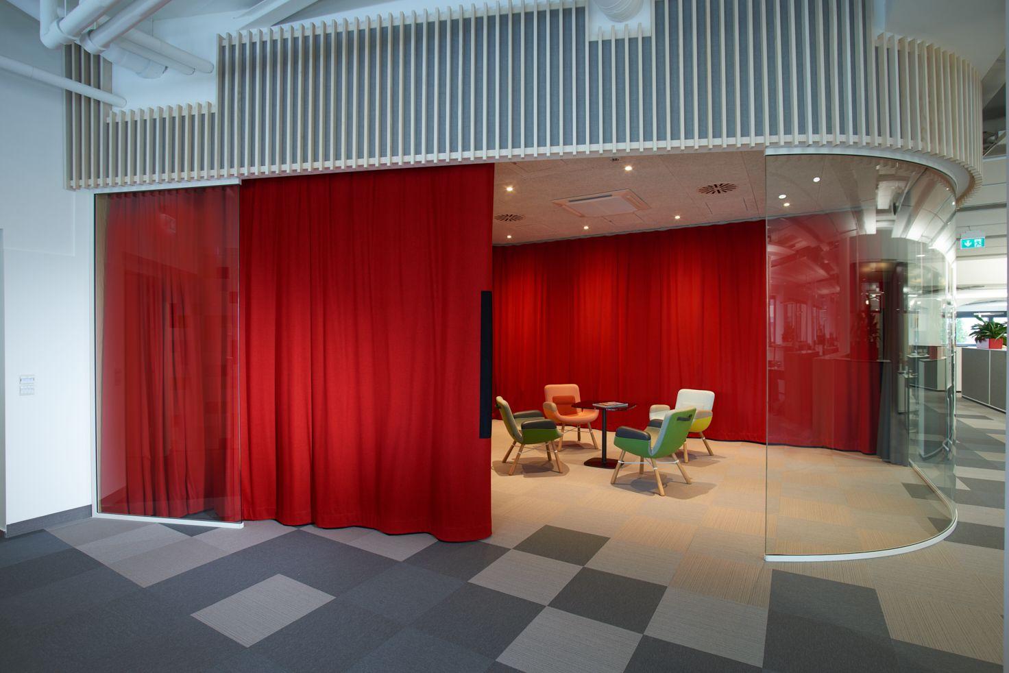 Red acoustic curtain to separate the quiet zone in the office