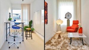 Meeting island and quiet zone in modern office with acoustic curtains