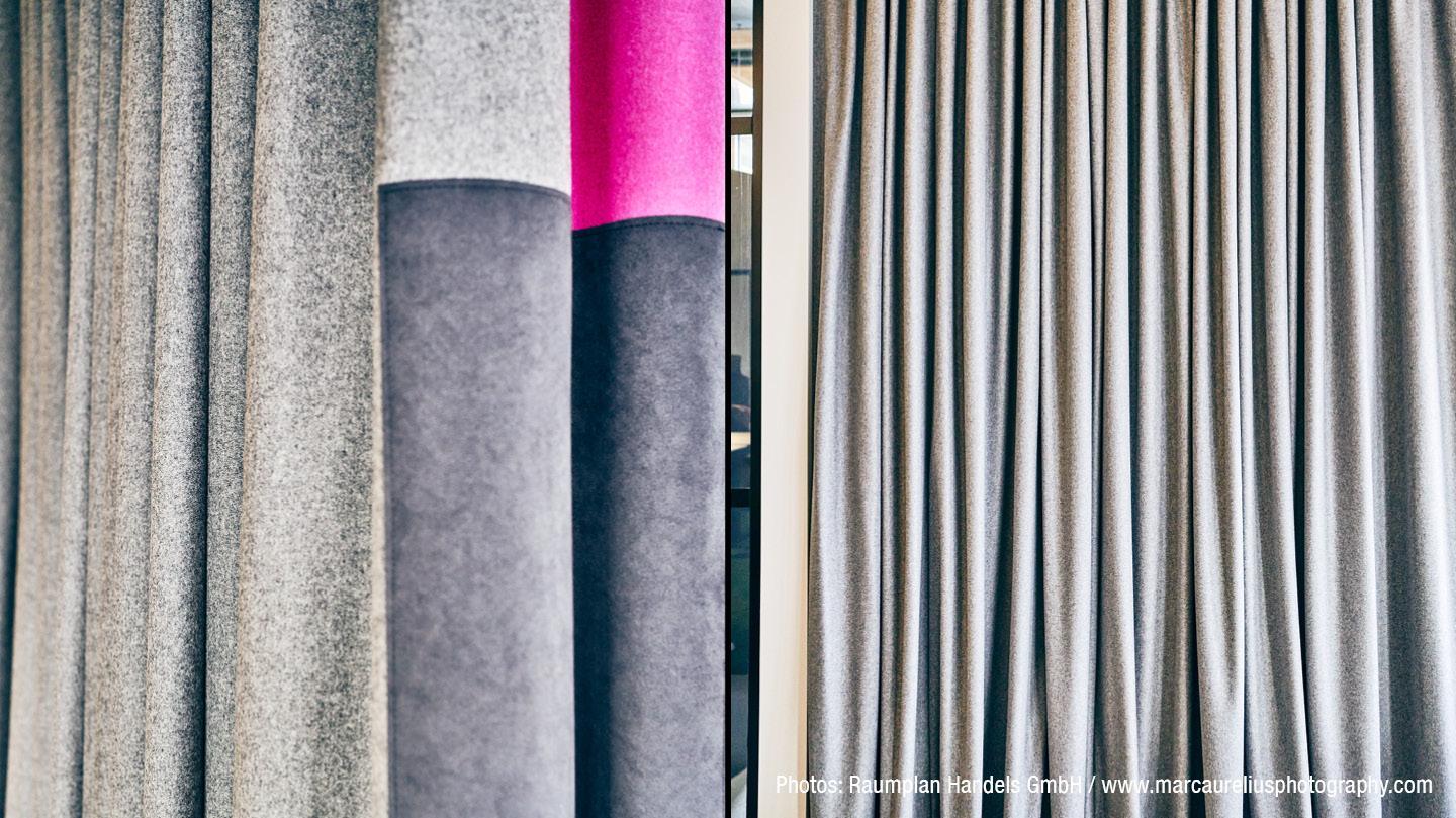 Detailed view of acoustic curtain in grey tones and punk with grip edge
